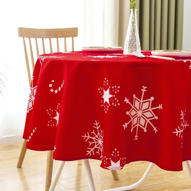 Christmas Decorations Table Cloth Round 60 Inch Red White Tablecloth - Snowflake Printed Waterproof Tablecloth Decorative for Holiday Party Dinner