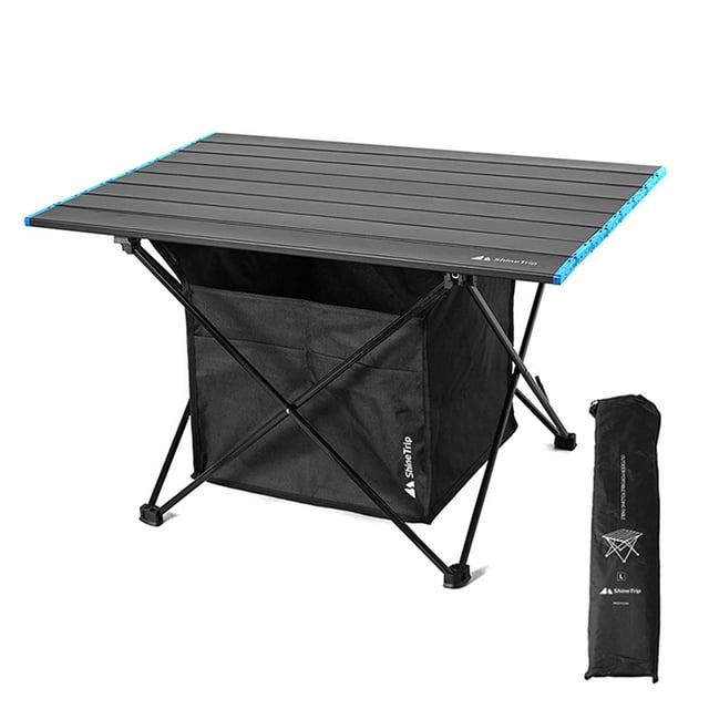 Large Aluminum Alloy Folding Camping Table with Hanging Oxford Cloth Storage Pocket, Lightweight Portable Design for Outdoor Use, Includes Carry Bag for Easy Transport & Storage, Black Finish (Table