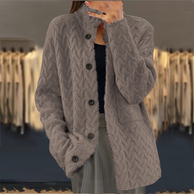 Cardigan Chandail d'Hiver pour Femmes, Couleur Unie, Col Tailleur, Veste Tricotée à Manches Longues