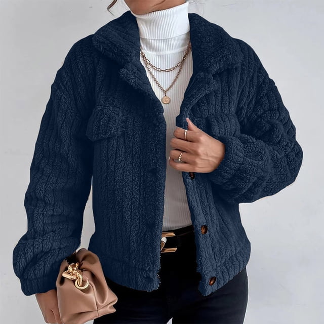 IROINID Veste Courte Décontractée pour Femme à Revers en Pointe, Blouson Bomber Uni à Manches Longues, Bleu Foncé