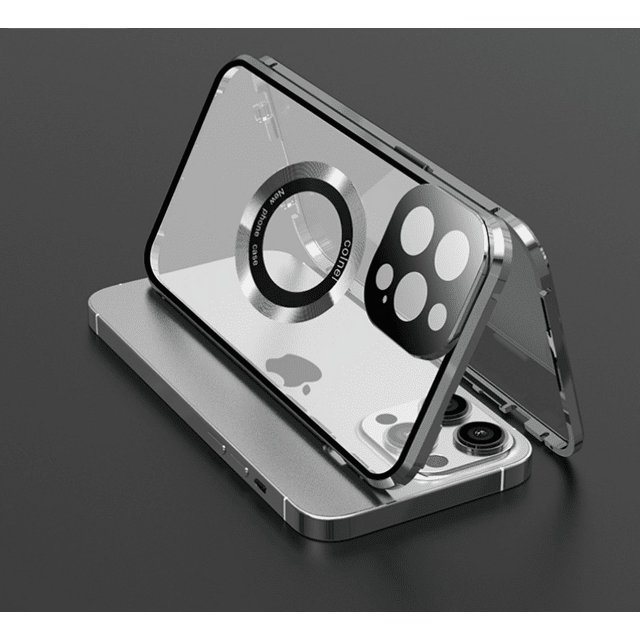 Phone Case for iPhone 14 15 Plus Pro Max Magsafe Double-Sided Explosion-Proof Phone Case by MODERN GOOSE. Transparent design with visible Magsafe ring, shockproof reinforced edges, and durable construction for protection against scratches and drops. Compatible with iPhone 14 and 15 models.