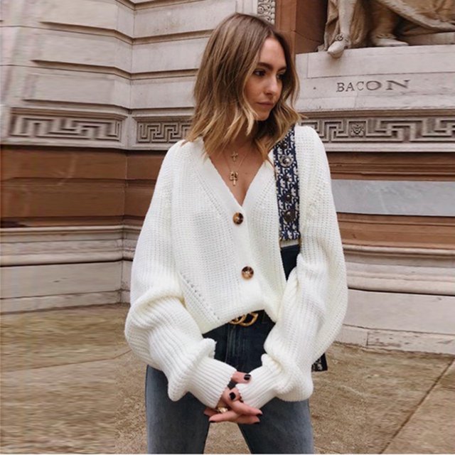 Women's V Neckline Button Down Knitwear Lantern Sleeve Basic Knit Cardigan Sweater Tops