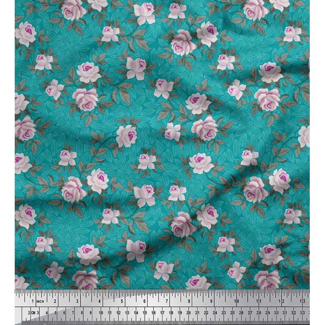 Soimoi polyester Crepe Fabric Leaves & Rose Floral Printed Fabric 1 Yard 42 Inch Wide
