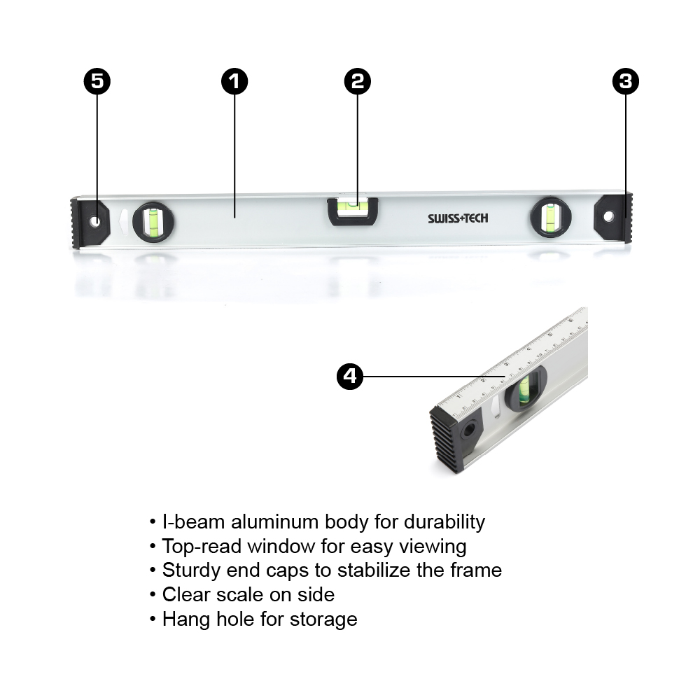 Swiss Tech 24" Aluminum I-Beam Level,3 Vials