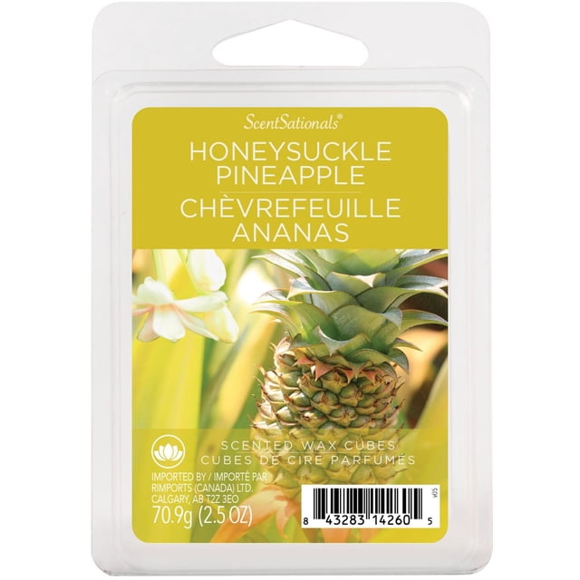 ScentSationals Cubes de Cire Parfumée - Chèvrefeuille Ananas dans un Emballage Coquille en Plastique Transparent avec une Étiquette Jaune Montrant un Gros Plan d'Ananas et de Fleurs de Chèvrefeuille, Contenant 70,9 g (2,5 oz) de Fondants de Cire pour Chauffe-Cire Électriques Qui Libèrent un Parfum d'Ambiance Apaisant pour la Maison et Permettent un Mélange de Parfum Personnalisé.