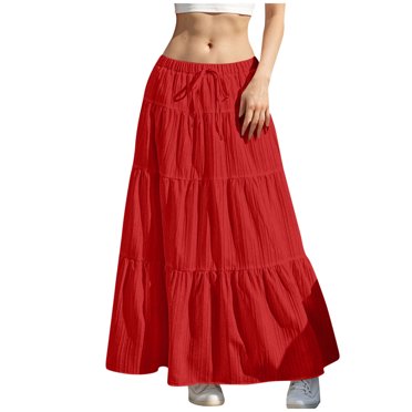 Bocqde Flowy Skirts for Women Summer Solid A-Line Ruffle Swing Long Skirt Fashion Casual Drawstring Elastic High Waist Boho Maxi Skirt