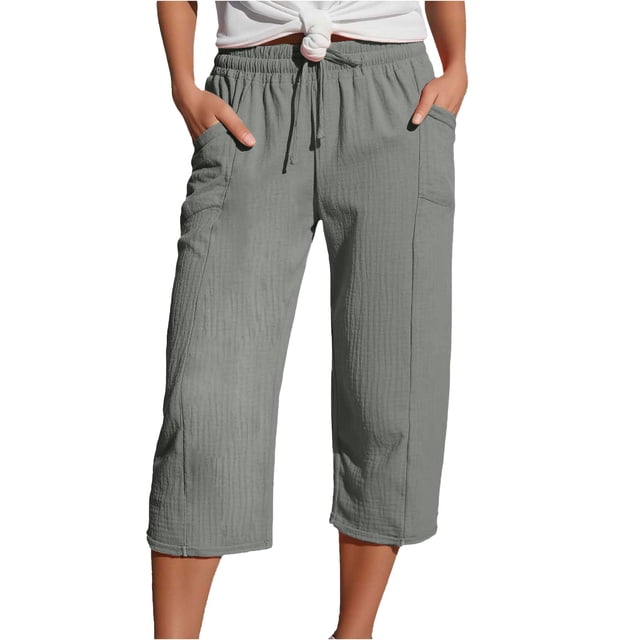 ManxiVoo Pantalon en Lin à Texture Froissée pour Femme Tenue de Vacances de Printemps Léger Jambe Droite Pantalon de Plage Taille g Gris