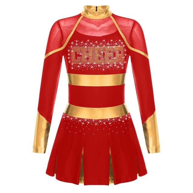 Lejafay Robe de Danse de Cheerleading Ballet pour Filles Uniforme Scolaire Robe Plissée à Manches Longues Tenues d'Halloween Rouge 10