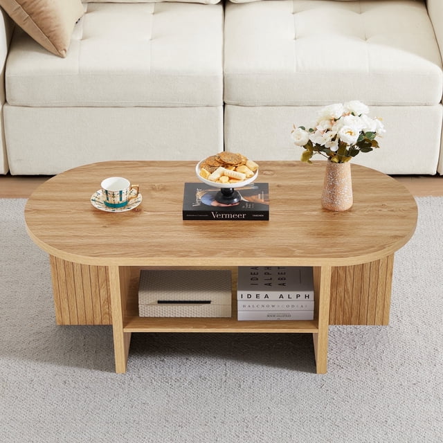 Wirrytor Oval Coffee Tables Table, Coffee for Living Room Small, Fluted Coffee Table with Open Storage Shelf, Farmhouse Wood Centre Table for 2-Tier Coffee Table, Natural
