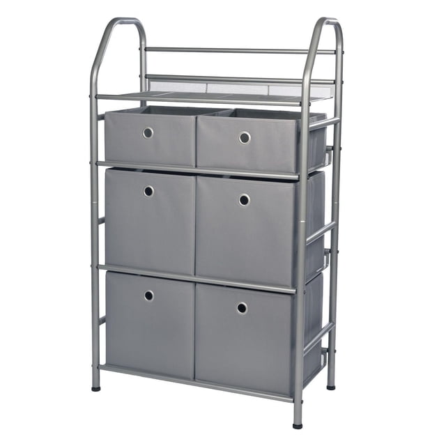 neatfreak! 4 Tier Metal Home Storage Rack with Storage Cubes in grey metal frame with four mesh shelves and six fabric bins—two small bins on top and four larger bins below—suitable for organizing clothes, toys, blankets, and household items in mudrooms, bedrooms, or garages.