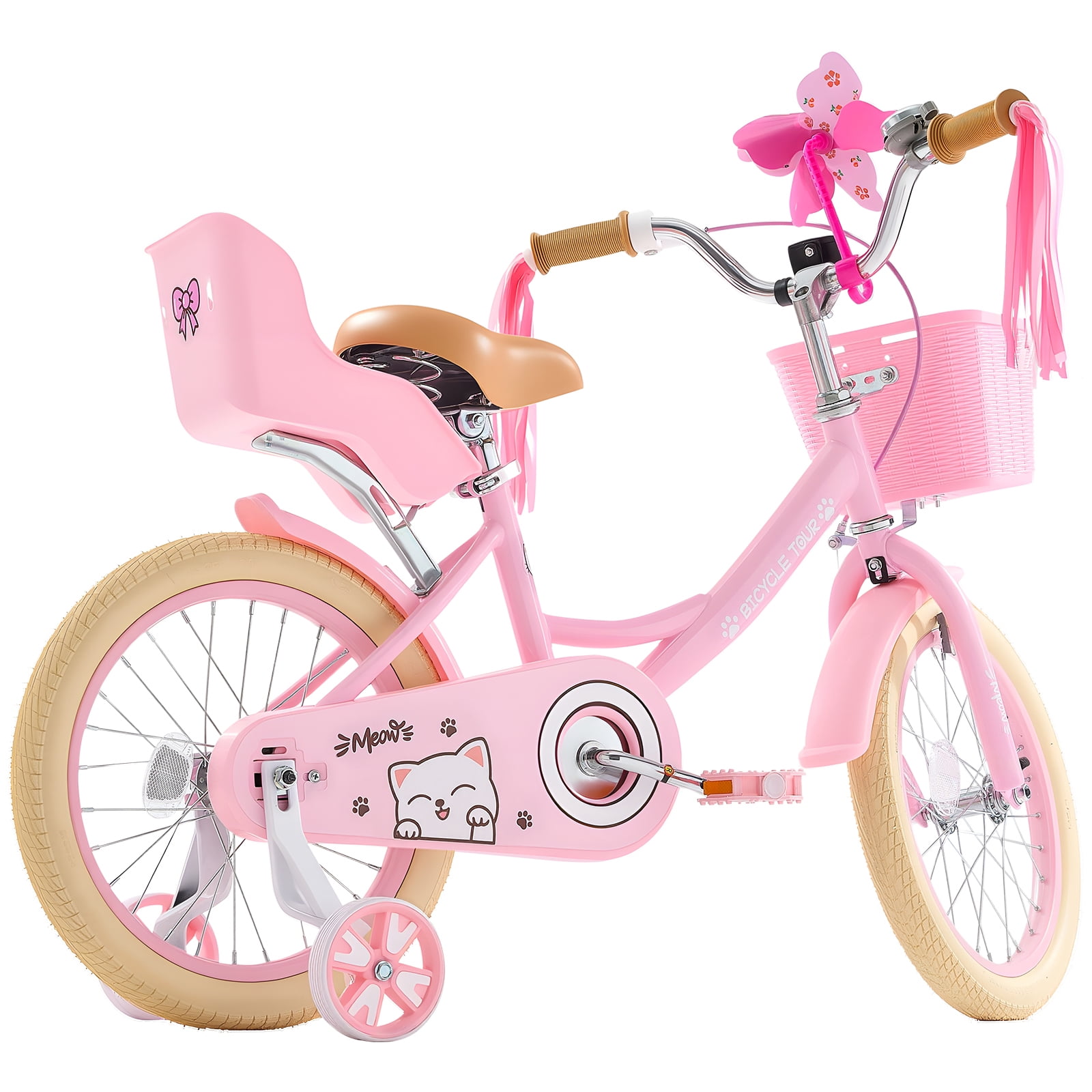 KFFKFF Kids Bike, 16 Inches Princess Style Children Bicycle with Streamers & Basket, Rider Height 3.28 ft - 4.27 ft, Doll Seat & Training Wheels Included