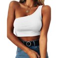 thumbnail image 1 of Débardeurs Courts Sans Manches pour Femmes Aguichant une Épaule T-Shirts Basiques (Blanc, P), 1 of 4