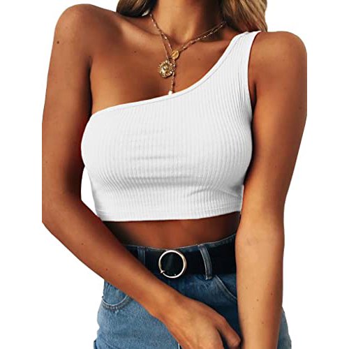 Débardeurs Courts Sans Manches pour Femmes Aguichant une Épaule T-Shirts Basiques (Blanc, P)