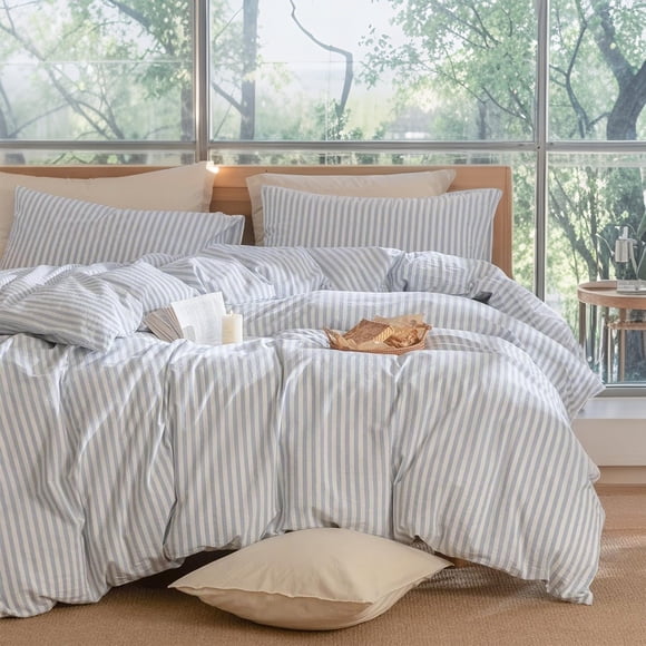 JOLUSERE 100% Organic Cotton Striped Duvet Cover King Set, 3-Piece Linen Like Textured Breathable Comforter Cover (Cornflower Blue& White Classic Stripes)