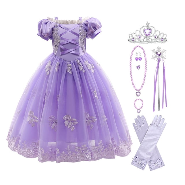 HAWEE Robe de Princesse Violette pour Fille Raiponce Cosplay Halloween Costume Manches Bouffantes Robes à Étages