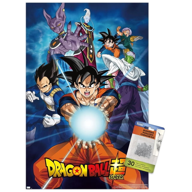 Dragon Ball Super - Groups Wall Poster, 22.375" x 34" framed, depicting seven anime characters in dynamic poses on a blue energy background, with Goku centered emitting a glowing energy blast, Vegeta in blue and white armor on the left, Piccolo in white and purple robes on the right, and others behind, featuring the Dragon Ball Super logo at the bottom, ideal for decorating bedrooms, offices, or dorm rooms.