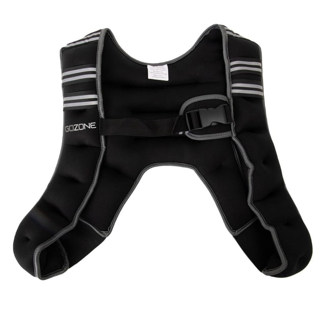 GoZone 10lb weighted vest in black and grey with soft neoprene construction, adjustable snap-buckle closure, reflective shoulder stripes, and mesh pocket, designed for balanced weight distribution to improve strength and cardio training, also suitable for resistance during running or boxing workouts.