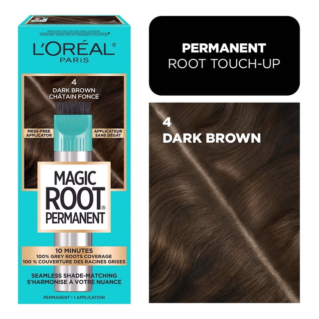 L'Oréal Paris Magic Root Permanent Hair Dye in Dark Brown, a permanent root touch-up with a mess-free precision applicator that covers 100% grey roots in 10 minutes, featuring seamless shade matching and a low ammonia formula for easy at-home root colour maintenance.