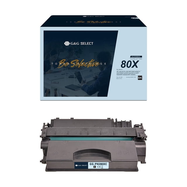 G&G Select HP CF280X New Compatible Black Toner Cartridge with 80X high-yield capacity, shown with its blue and dark packaging box labeled 'Be Selective', designed for HP LaserJet printers to deliver consistent monochrome printing.