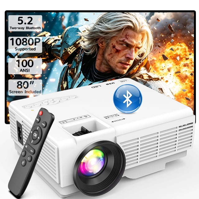 FRESHDEW Mini Portable Movie Projector with Bluetooth 5.2, 100 ANSI Full HD 1080P Supported, 80" Projector Screen Included, 1 PCS