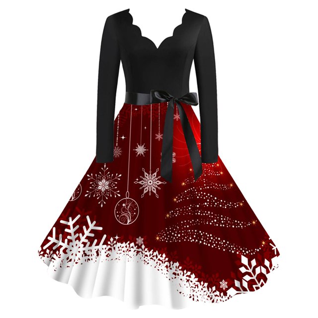 Kcodviy Robes Classiques de Noël pour Femmes à Manches Longues pour Femmes Robe à Manches Longues V Plus Robe à Manches Longues Robe à Encolure avec Ceinture Robes de Plage pour Femmes Grande Taille Robes Évasées pour Cocktail et Fête