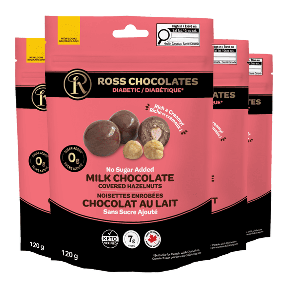 Ross Chocolates - Chocolate Covered Hazelnuts - No Sugar Added - Milk Chocolate x4