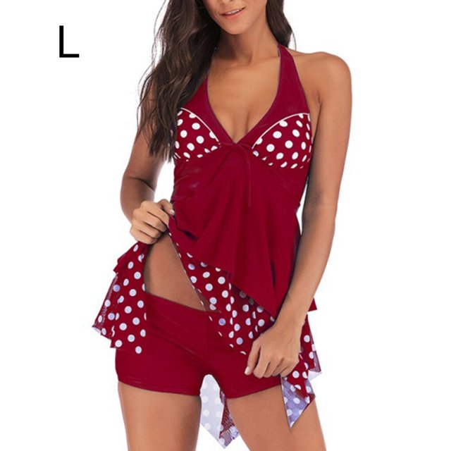 maskred Femmes Deux Pièces Colorblock Points Imprimés Dos Nu V Maillot de Bain Sans Manches Rouge L