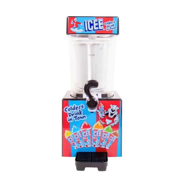 ICEE Slushie Making Machine (Bilingual) with a bold red retro base featuring colorful ICEE cup graphics and the ICEE tiger mascot, transparent mixing chamber with max fill line, black dispensing handle, and drip tray, designed for effortless home frozen drink preparation and entertaining.
