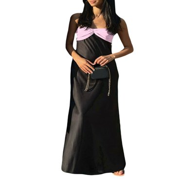 Robe Satinée Sans Manches à Bretelles Spaghetti pour Femmes, Cocktail, Plage, Soirée, Fête, Col Bénitier, Élégante, Midi, Noir Rose G