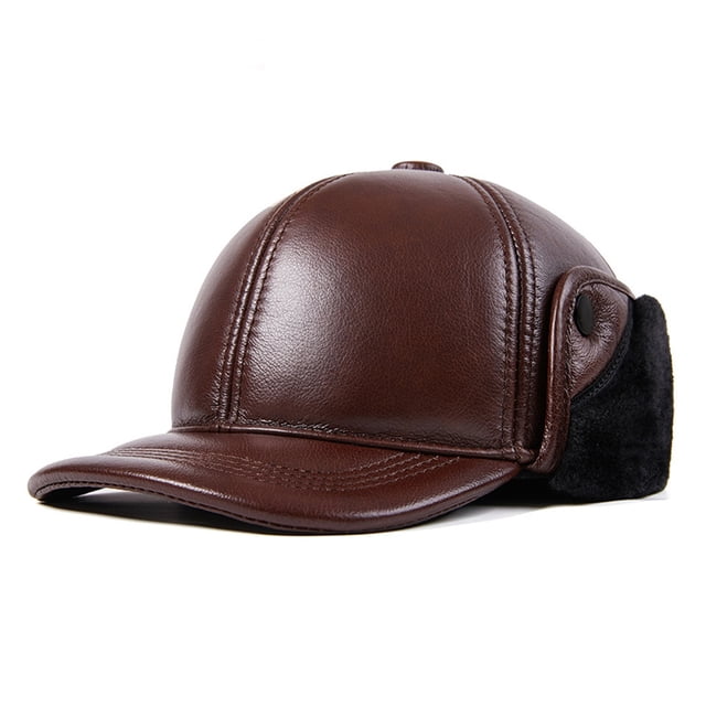 Men's Genuine Leather Duckbill Baseball Cap with Thick Fleece Lining, Warm Winter Hat