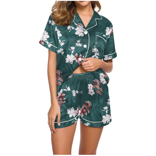 Rbaofujie Robes pour Femmes Vêtements de Nuit Femmes Décontracté Imprimé Col Rabattu Blouse à Manches Courtes Mode Short Pyjama Ensemble Peignoir pour Femmes