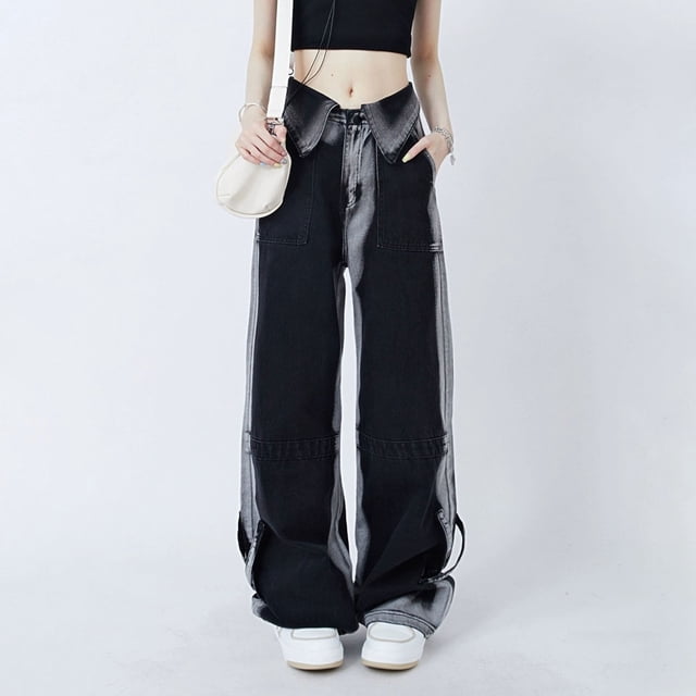 Simua Women's Jeans with Patchwork High Waist Loose Denim Color Block Jean Straight Wide Leg Pants