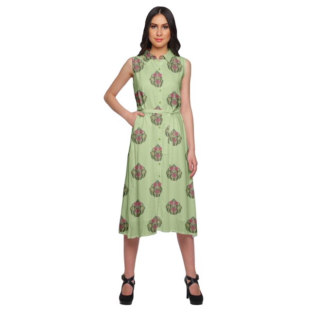 Moomaya Womens Sleeveless Lapel Collar Dress With Pockets Printed Summer Wear