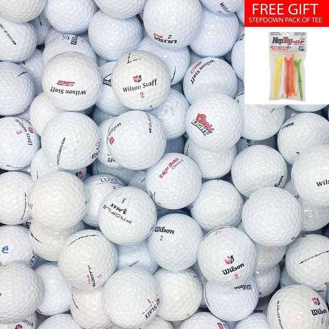 Mulligan - 88 Wilson Mix AAA Recycled Used Golf Balls, White, close-up showing a pile of white golf balls with Wilson logos and dimpled surfaces, including a free pack of colorful stepdown tees, ideal for eco-conscious golfers of all skill levels.
