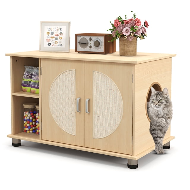 Gymax Meuble Cache-Litière pour Chat avec Portes à Griffer en Sisal, Rangement, Pieds en Métal Ajustables