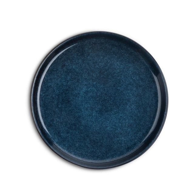Thyme & Table Stoneware Round Salad Plate, Atlantic Blue, shown in a centered top-down view. The ceramic plate has a smooth, speckled Atlantic blue finish with a raised rim. Suitable for serving salads, appetizers, or desserts, it combines durability with a refined look for casual or formal dining.