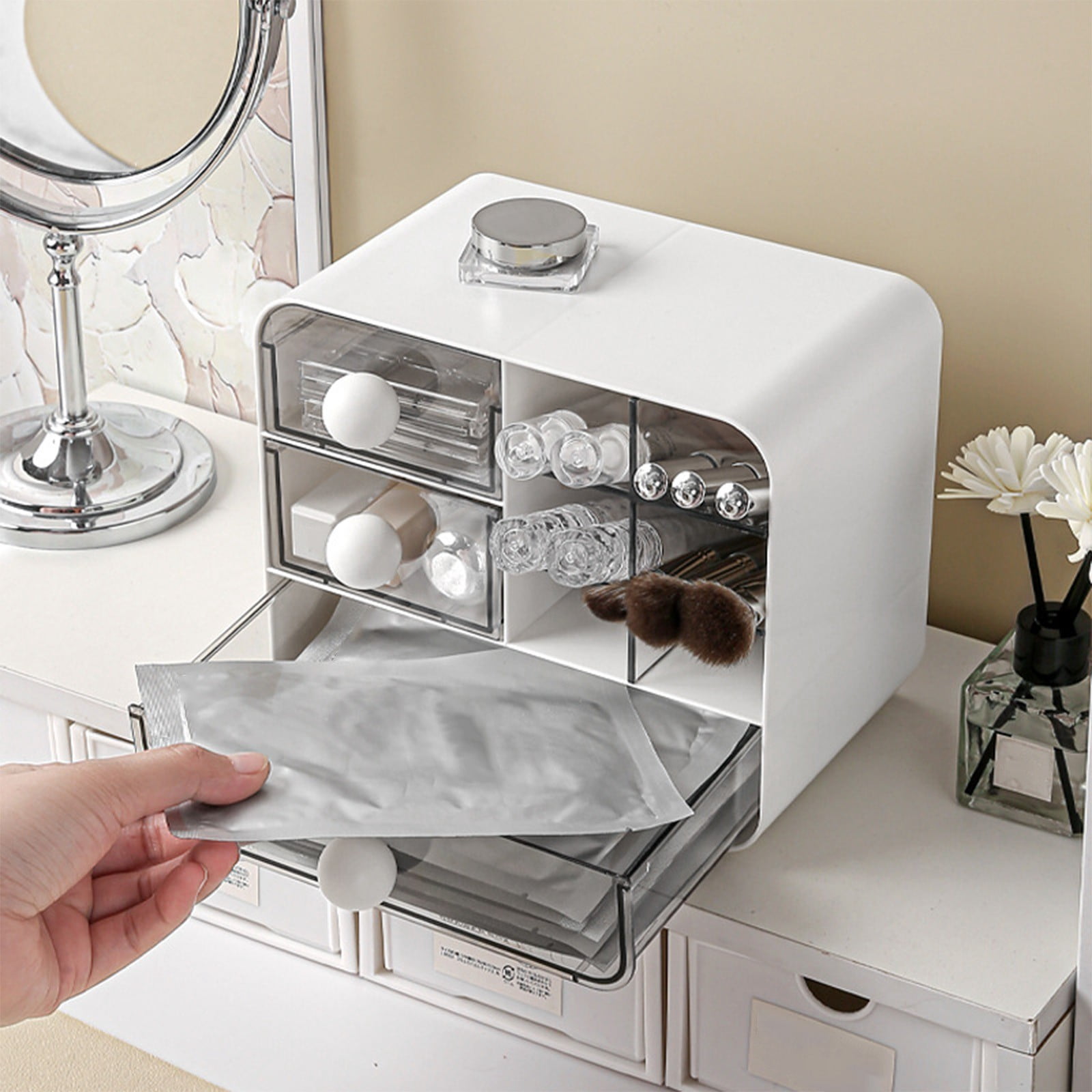 RRJ Desktop Organizer, Desk Storage Box, Multi-Drawer Plastic Container for Stationery Pens Cosmetics, Teen Dormitory Office Desk Drawer Shelf Organizer, Home Office Supplies