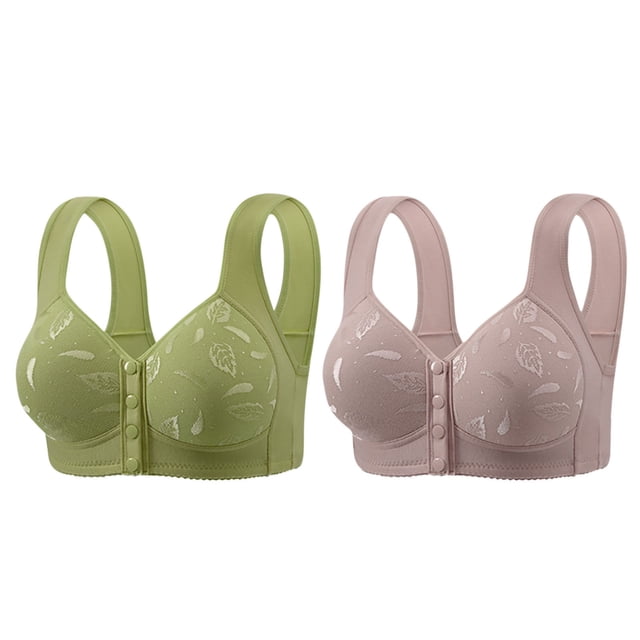 Latrodar Front Closure Bras for Women Wireless Bras for Women 2PCS Supportive Bralettes Wirefree Posture Correcting Stretch Brassiere with Wide Straps Solid Embroidered Underwear Hiking