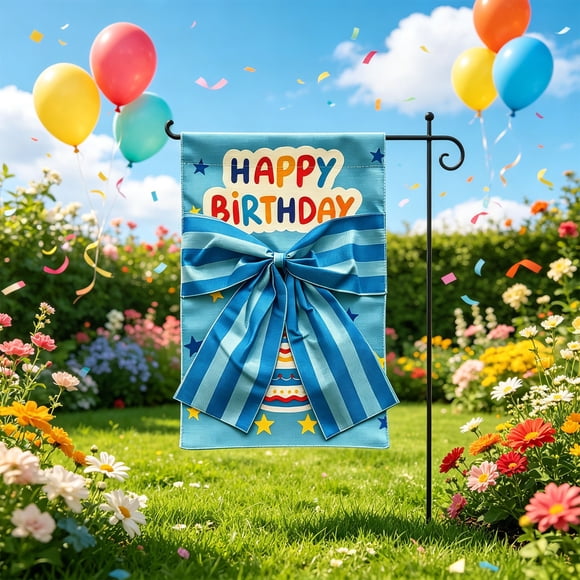Drapeau de Jardin « Happy Birthday », Drapeau de Cour à Imprimé Gâteau avec Nœud, Bannière Double Face 12x18 Po, Drapeau de Pelouse, Patio et Jardin, Cadeau de Déco d'Anniversaire pour l'Extérieur, Déco Rustique de Style Ferme pour la Maison Intérieure et Extérieure