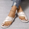 thumbnail image 2 of Slide Sandals for Women Flat Toe Ring Buckle Decor Leather Non Slip Beach Summer Sandals Beige, 2 of 9