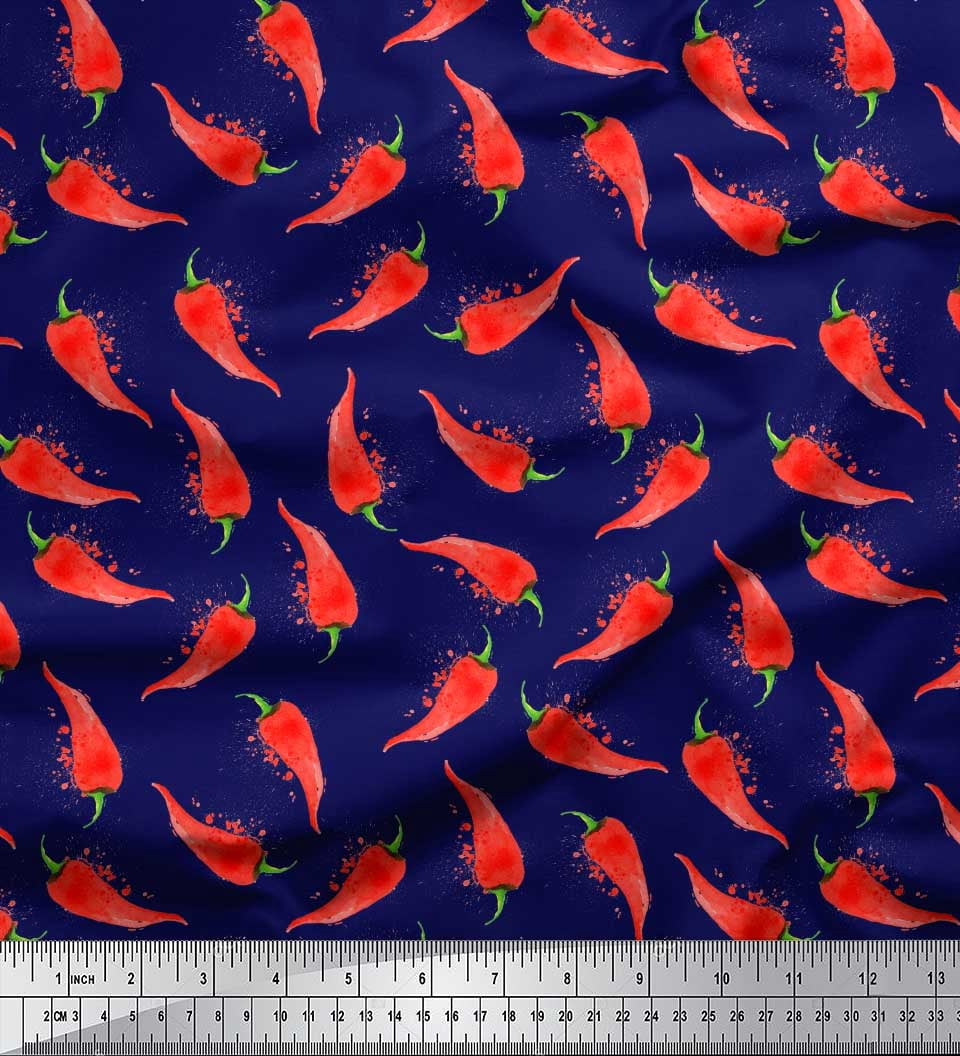 Soimoi Blue Silk Fabric Chilli Vegetable Print Fabric by the Yard 44 Inch Wide