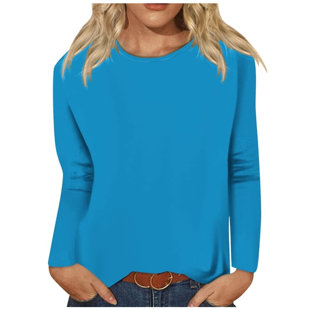 Timegard Womens Tops Long Sleeve Round Neck Solid Color Basic Tee Fall Casual Comfy Loose Tops Blouse