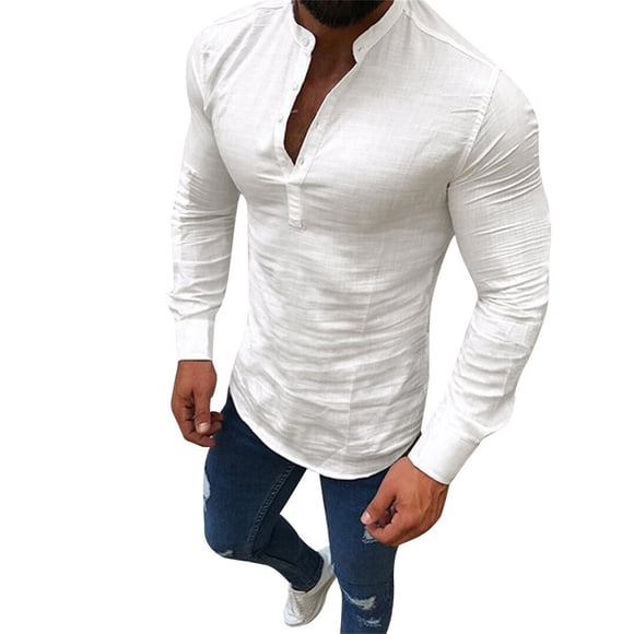 Ketyyh-chn99 Dress Shirt for Men 2024 Summer Tops Button Down Shirts Long Sleeve Band Collar Business Dress Shirt White,5XL