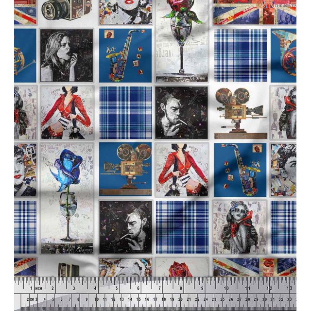 Soimoi Poly Georgette Fabric Check,Women & Camera Patchwork Decor Fabric Printed Yard 42 Inch Wide
