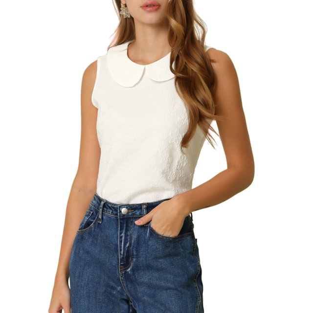 INSPIRE CHIC Blouse à Col Peter Pan pour Femme Décontractée Sans Manches en Jacquard à Motif Floral Débardeur m Blanc