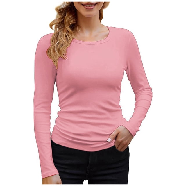 Haut Mode Ample Col Rond - Couleur Unie, Manches Longues, Nylon Spandex, pour Décontracté, Quotidien, Bureau