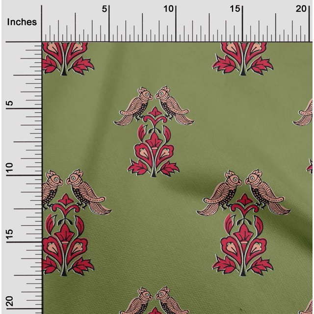 oneOone Silk Tabby Fabric Leaves|Bird & Floral Block Printed Craft Fabric BTY 42 Inch Wide