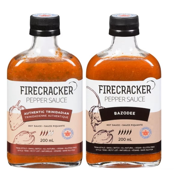 FIRECRACKER PEPPER SAUCE Lot de 2 Produits Préférés des Fans Authentique Trinidadien 200 ml et Bazodee 200 ml
