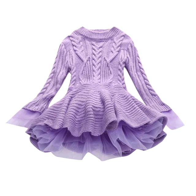 MeetoTime Girls Clothes 2-11 Years Solid Color Round Neck Long Sleeve Hem Mesh Sweater Dresses for Girl