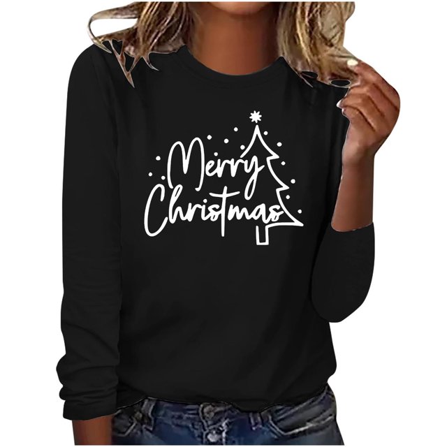 Timegard Womens Tops Merry Christmas Print Long Sleeve Crewneck Pullover Casual Loose Comfy Tops Fall